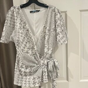 Eva Franco White and Silver Textured Wrap Top with Tie